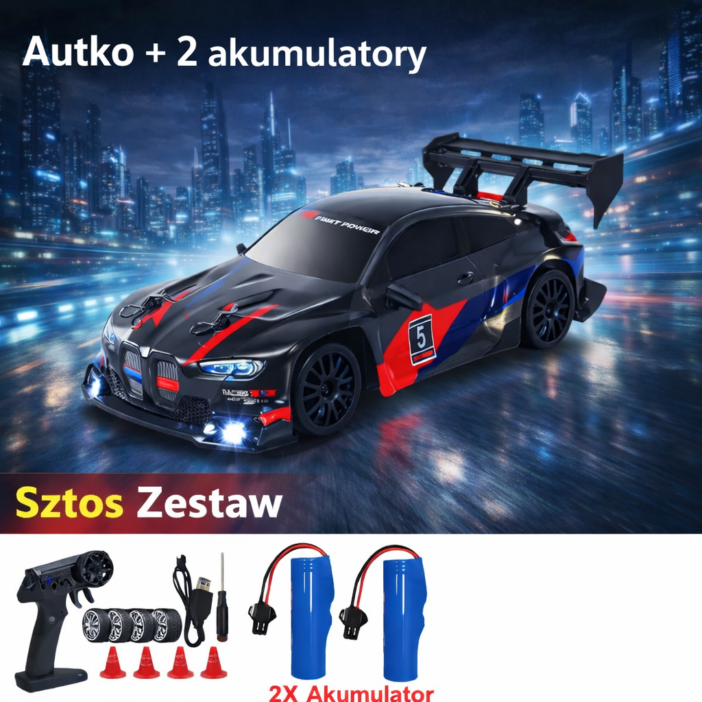 1. CZARNY Samochód RC Drift z Napędem na 4 Koła i Oświetleniem LED